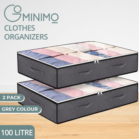 GOMINIMO 2 Pack 100L Underbed Storage Containers with Reinforced Handles and Clear Window Grey-Storage & Organisation-URDEALS