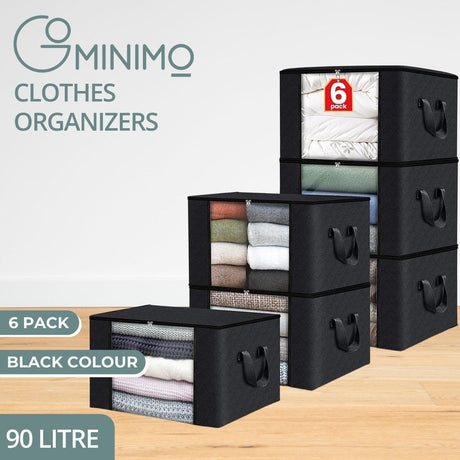 GOMINIMO 6 Pack 90L Clothes Storage Bag with Handles Organizer Zipper Black-Storage & Organisation-URDEALS